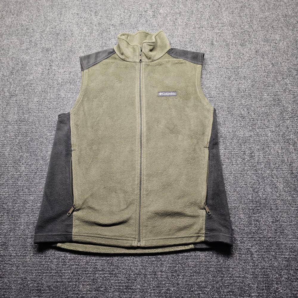 Columbia Mens Fleece Vest Green Gray Full Zip Mock Neck Pockets Size Medium